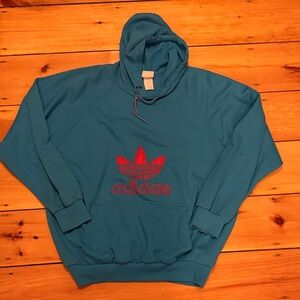 Adidas Vintage Men's Teal Hoodie with Red Logo